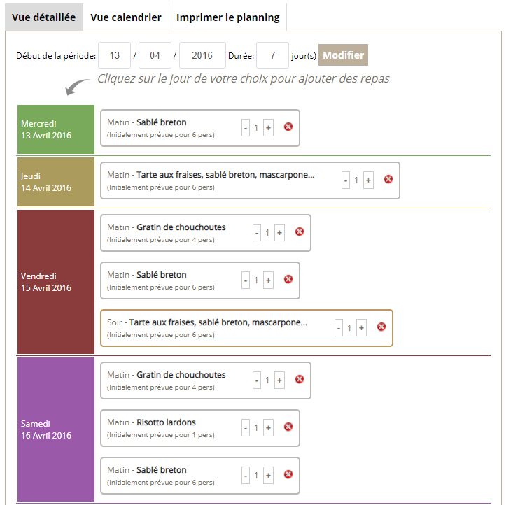 Le planning dans plannimenu