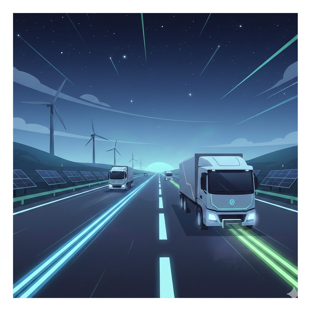 Autopista electrica con bobinas magneticas en el asfalto para carga inalambrica de camiones electricos europeos
