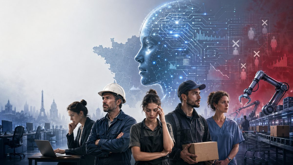 An employee facing a screen showing graphs about the impact of artificial intelligence on employment in France