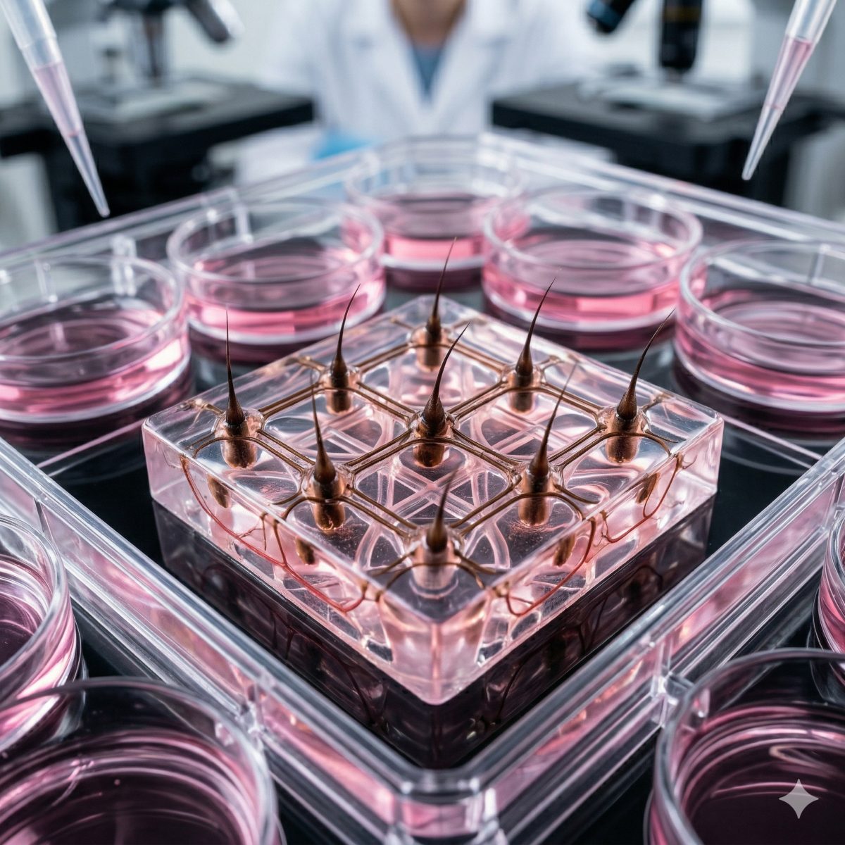 Scientist observing biological samples under a microscope in a regenerative medicine research laboratory