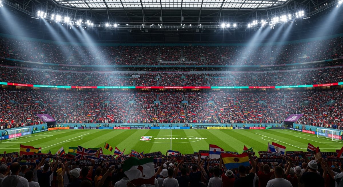 Football stadium packed with fans under national flags during the 2026 World Cup in the United States