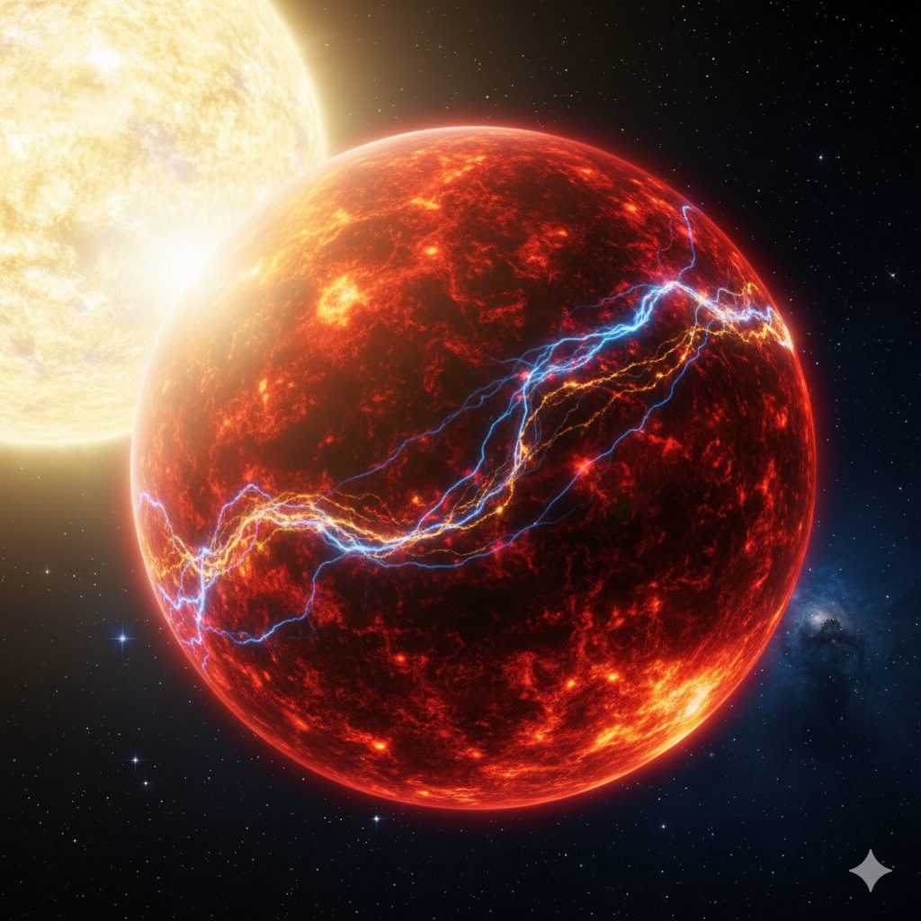Representacion artistica del exoplaneta ultra-caliente WASP-189b con metales pesados en su atmosfera brillante