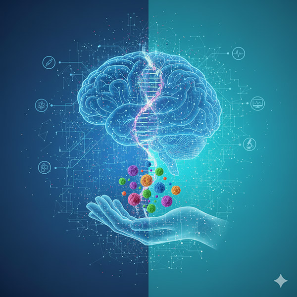 Visualizacion digital de IA analizando datos medicos y genomicos para tratamiento personalizado del paciente