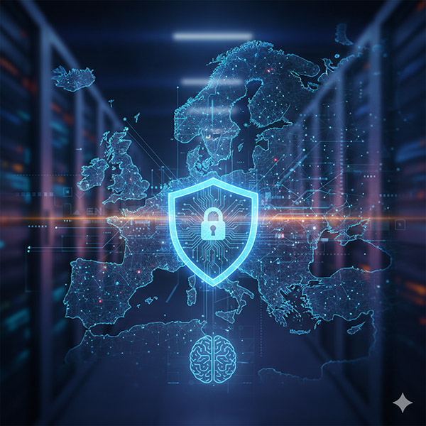 EU-flagg og digitalt nettverk som representerer europeisk digital suverenitet og teknologisk uavhengighet