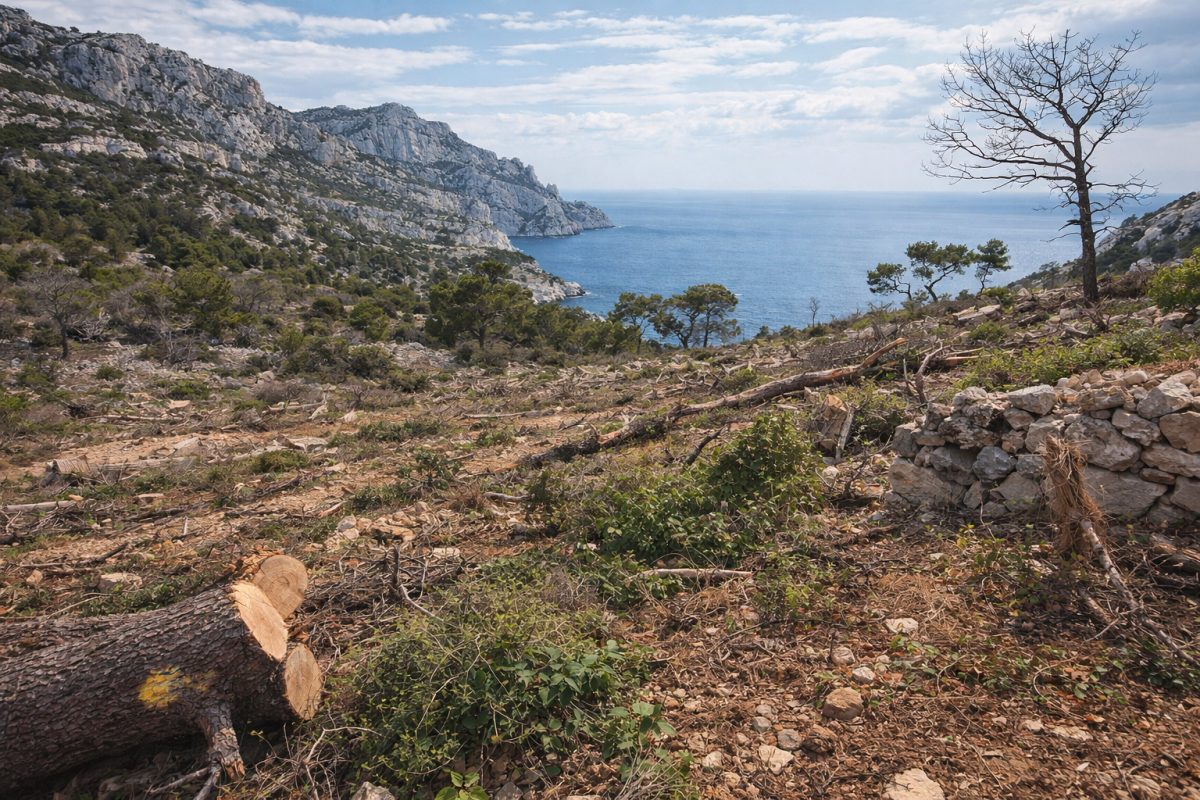 Felt furutrær på en sti i Parc des Calanques nær Marseille etter massiv rydding