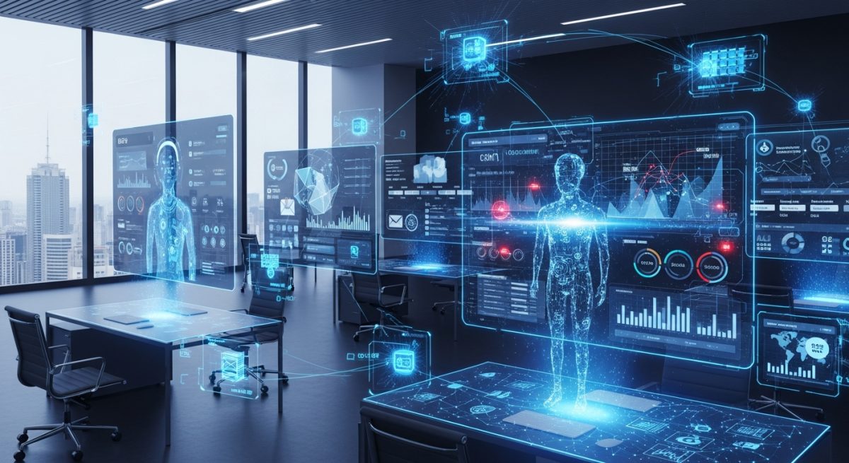 Futuristic holographic interface showing autonomous AI agents collaborating on professional tasks in a modern office