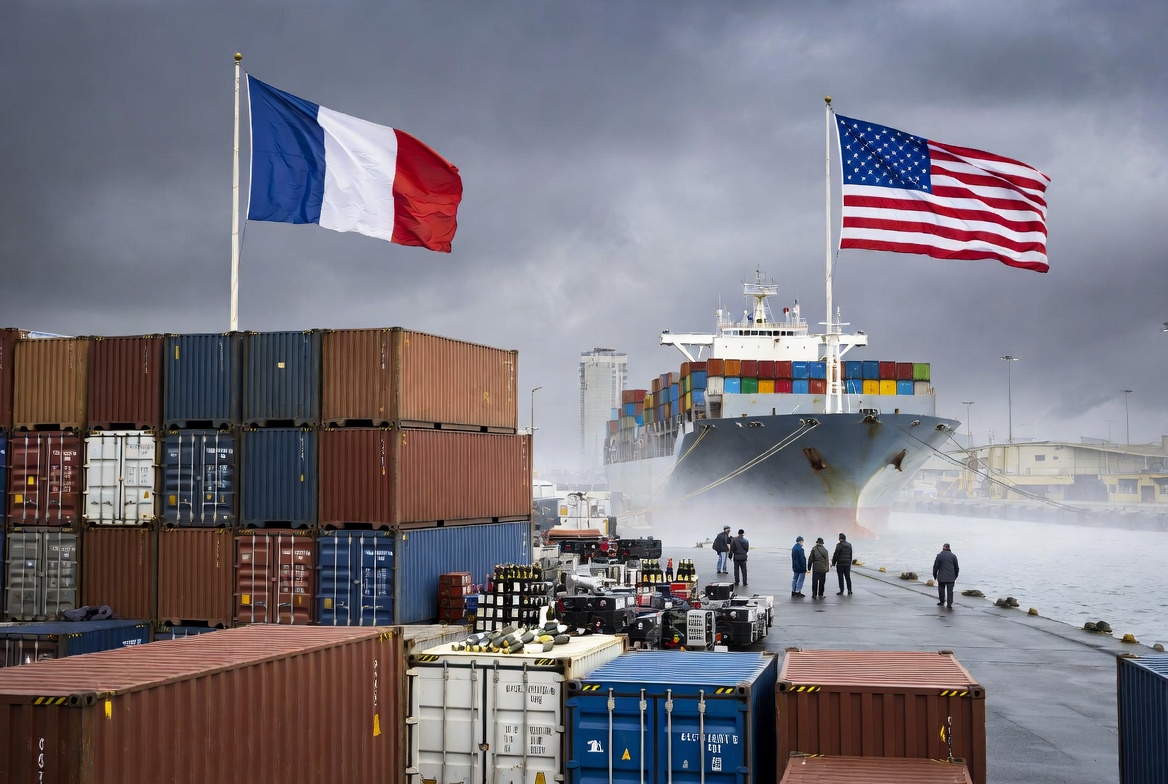 Gestapelte Frachtcontainer in einem Industriehafen als Symbol fuer die Handelssspannungen des globalen Zollkrieges 2026