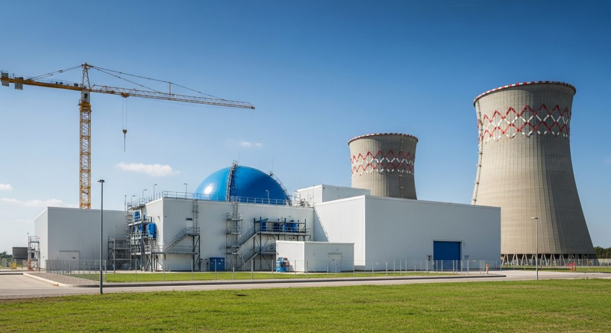 Pequeno reactor modular SMR en construccion con turbinas modernas y una central limpia al fondo