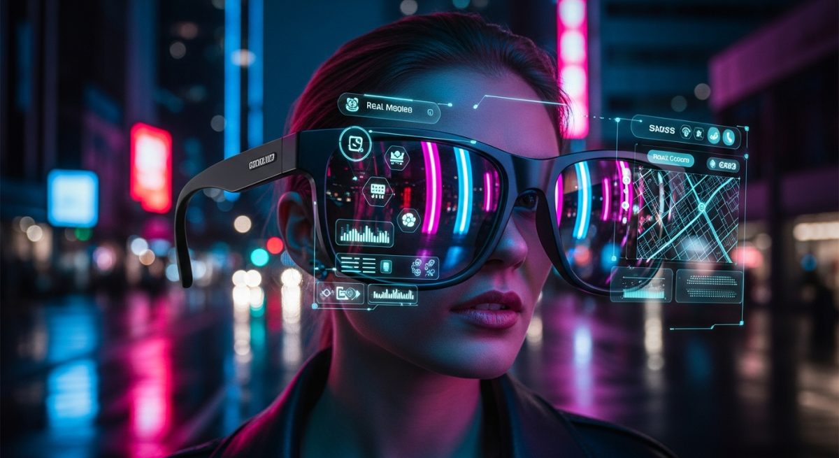 Mujer con elegantes gafas inteligentes futuristas en una animada calle de ciudad moderna