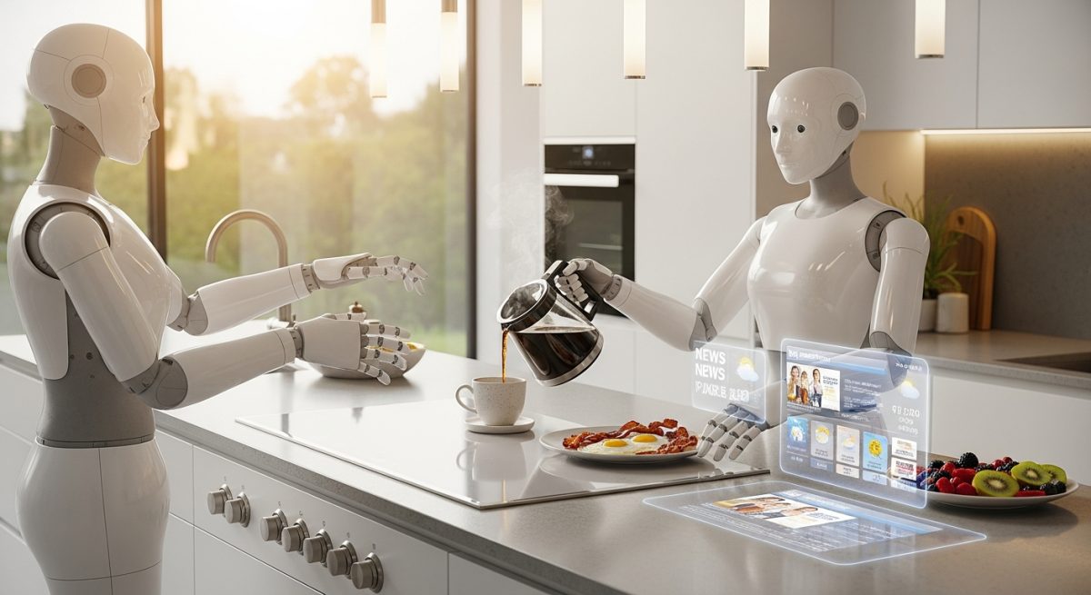 Husholdningsrobot med leddarm i et moderne kjokken som tilbereder frokost for en familie